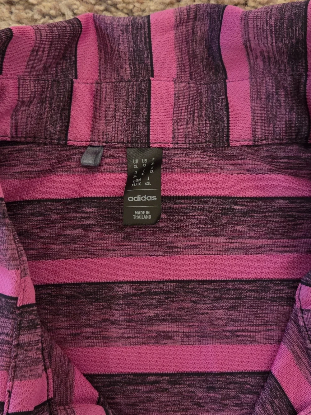 adidas Men's Pink and Black Striped Polo